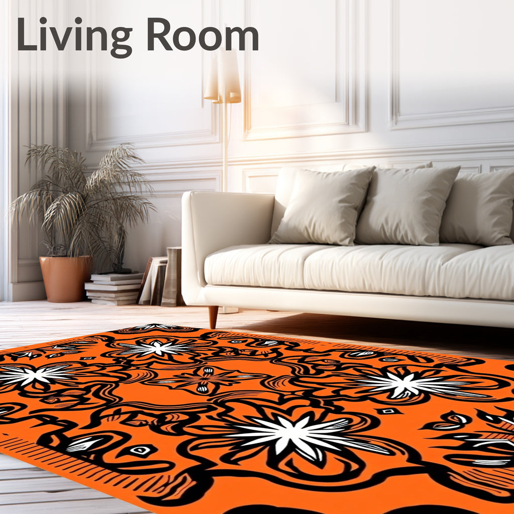 Orange Black White Floral Medallion Rug