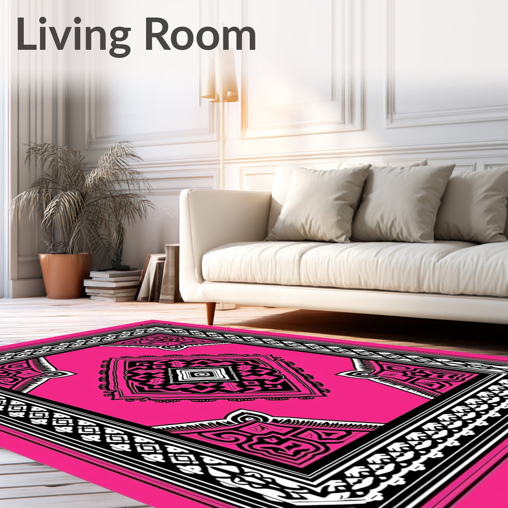 Vibrant Pink Black White Geometric Rug