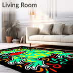 Vibrant Green Frog Swirls Abstract Art Rug