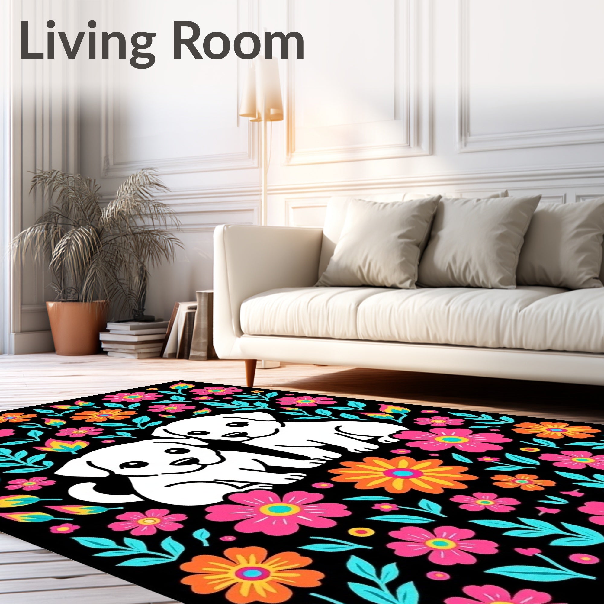 Bright Floral Dogs With Teal Accents Rug