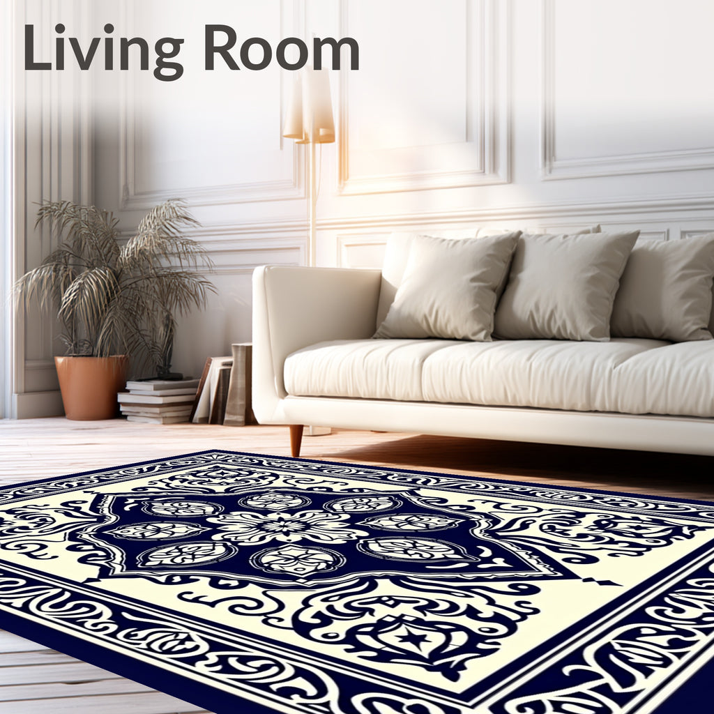 Deep Blue Cream Medallion Border Rug