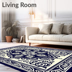 Deep Blue Cream Medallion Border Rug