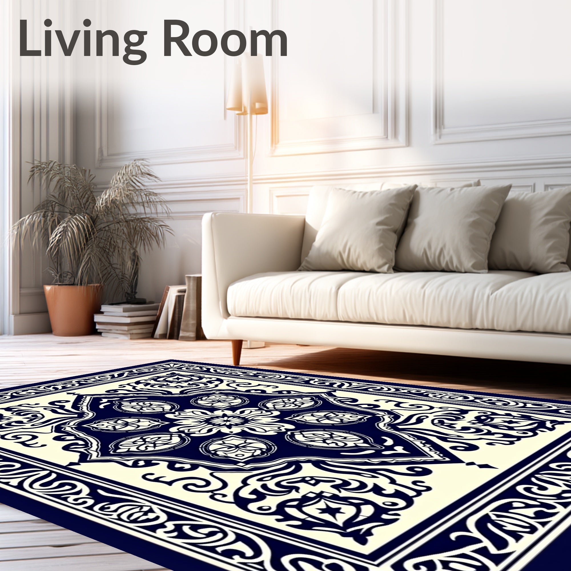 Deep Blue Cream Medallion Border Rug