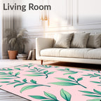 Pink and Green Botanical Leaf Arrangement Rug