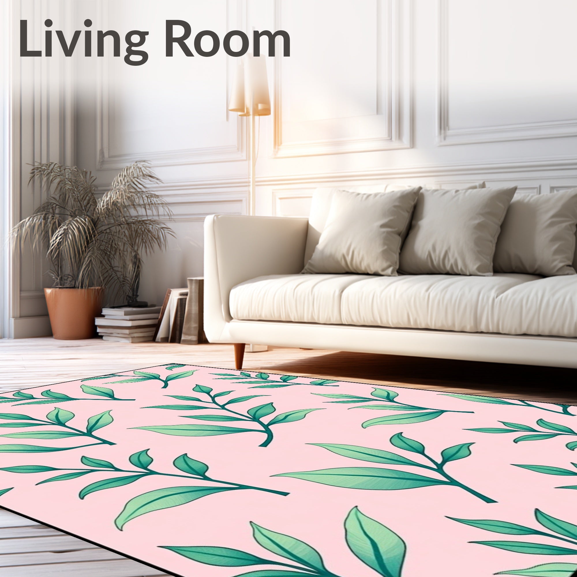 Pink and Green Botanical Leaf Arrangement Rug