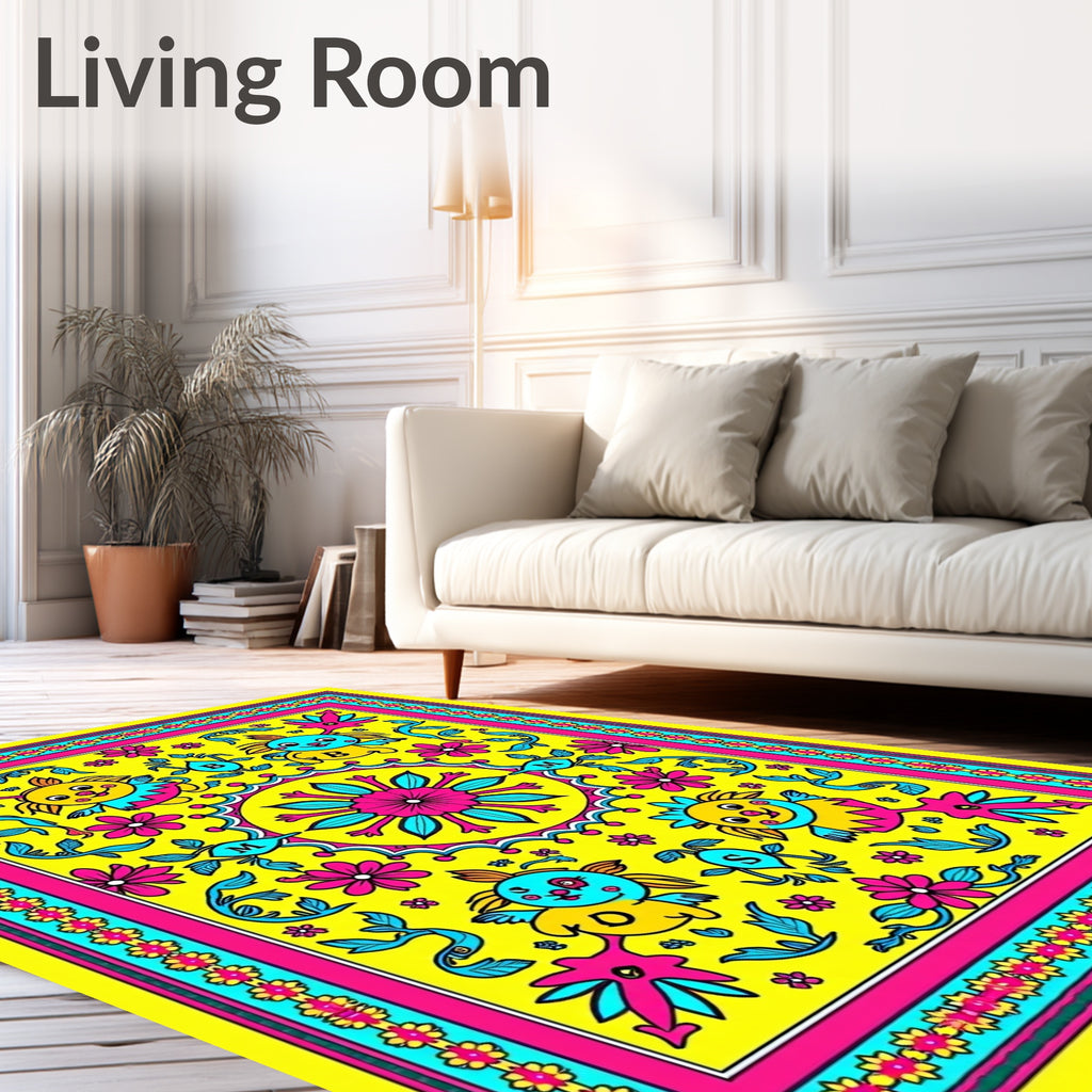 Vibrant Yellow Whimsical Creatures Floral Rug