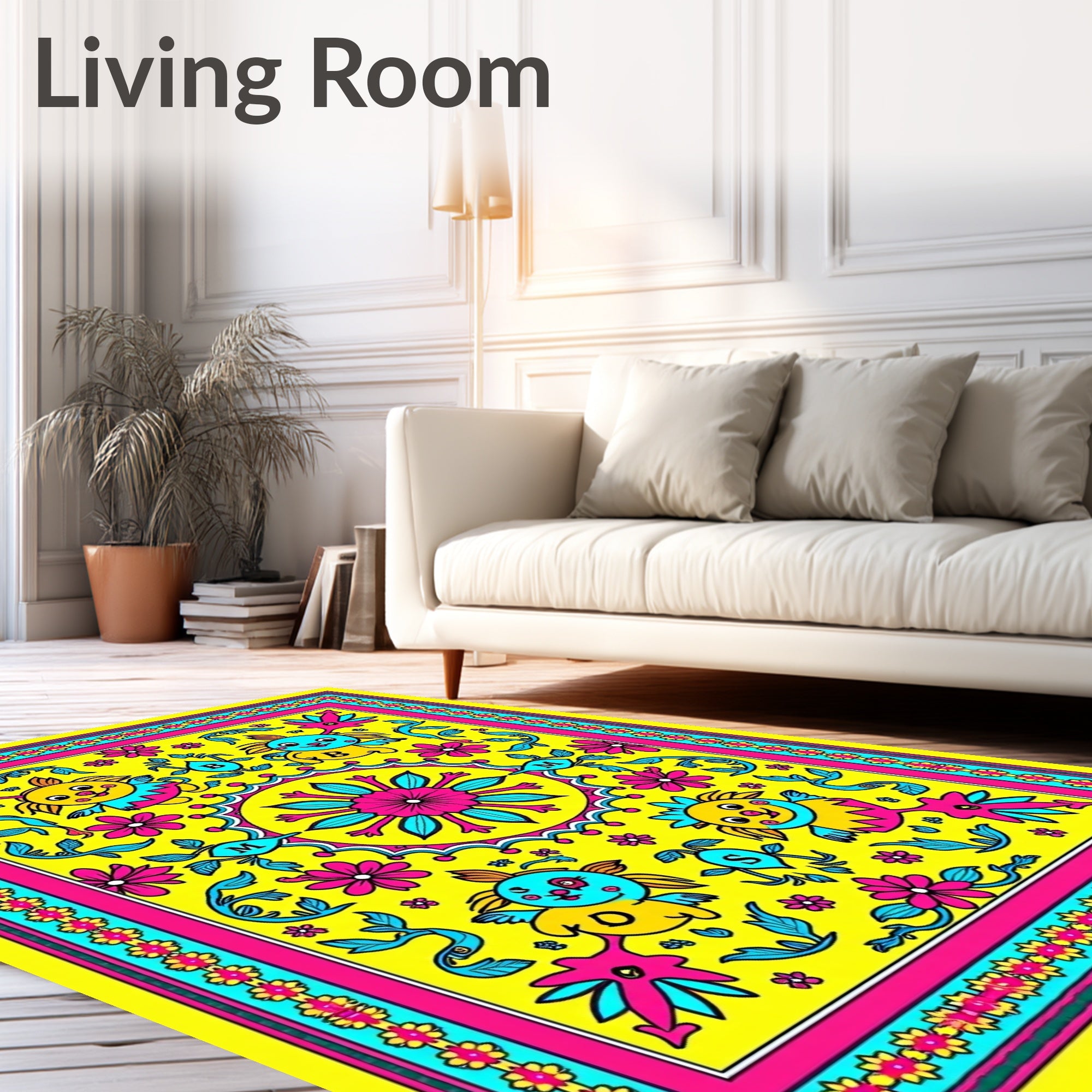 Vibrant Yellow Whimsical Creatures Floral Rug