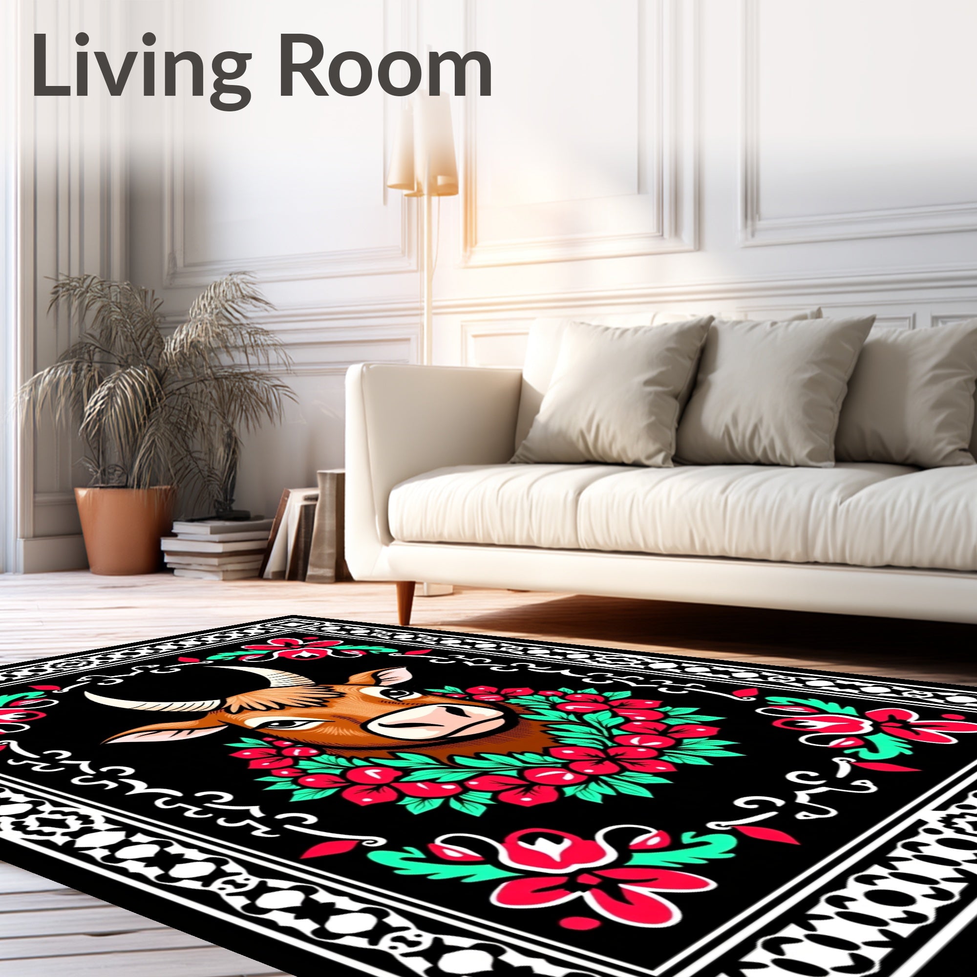 Brown Bull Floral Wreath Border Rug