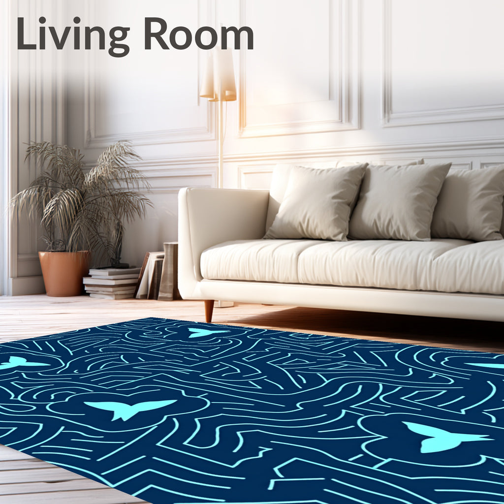 Navy Blue Bird Bloom Abstract Lines Rug