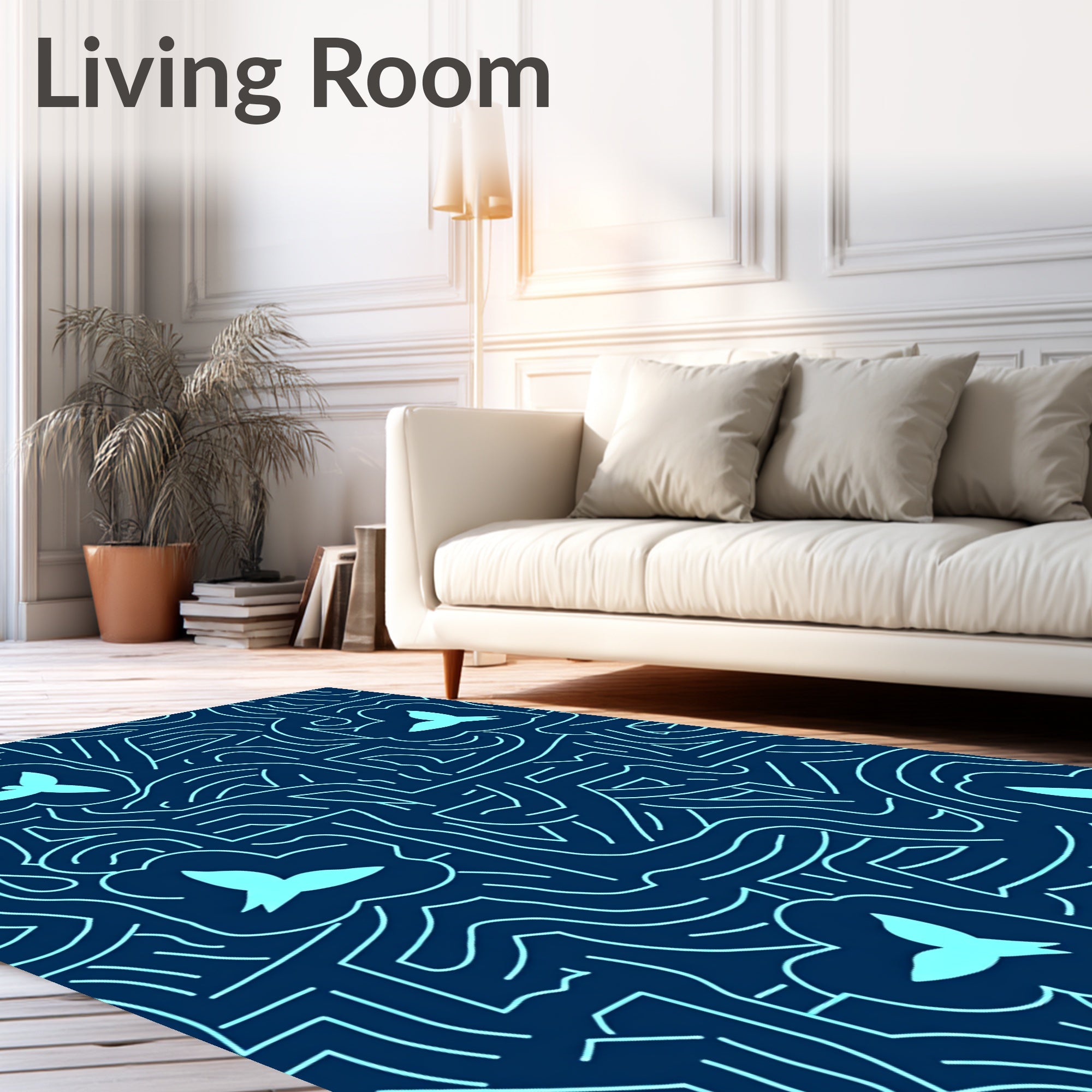 Navy Blue Bird Bloom Abstract Lines Rug