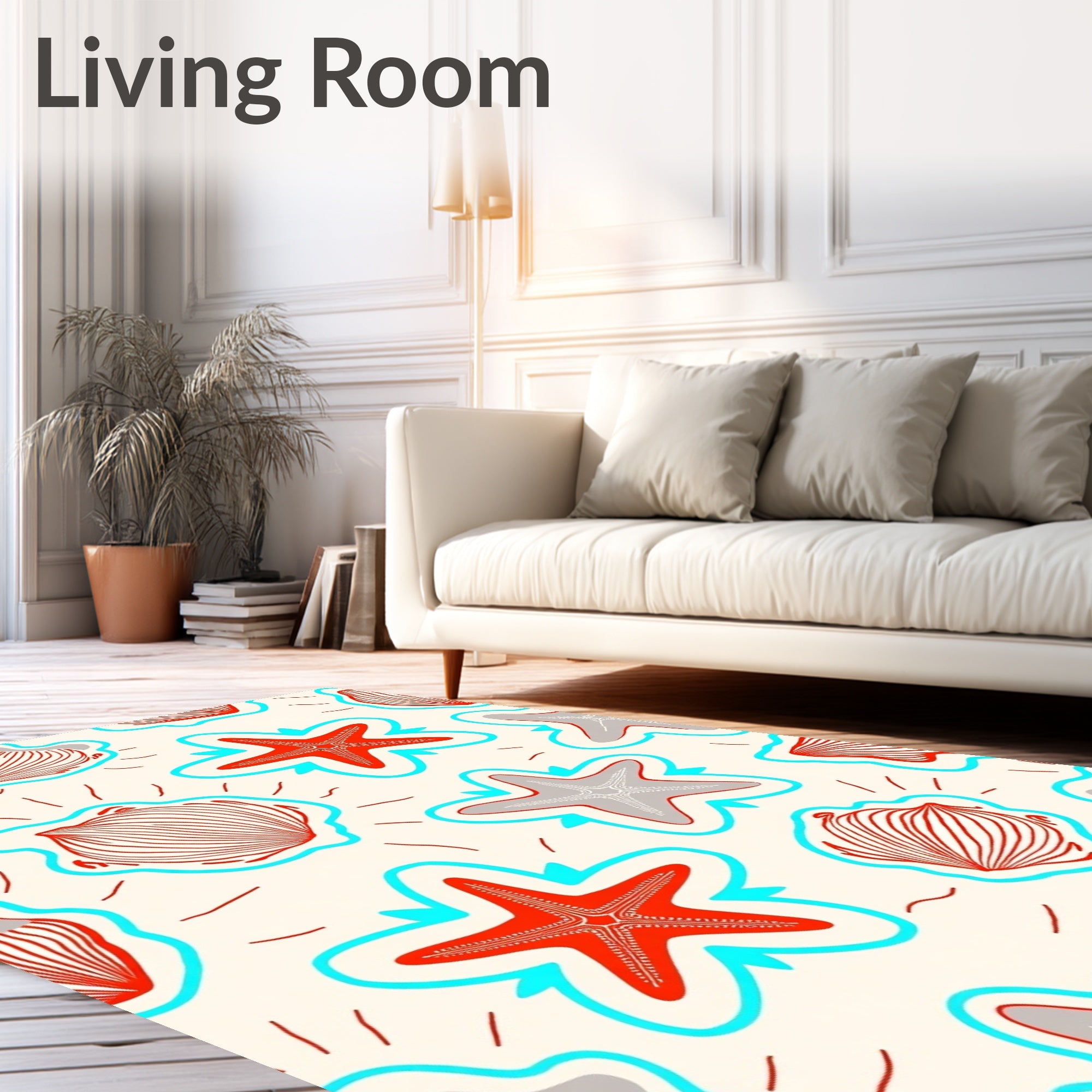 Red Gray Seashell Starfish Abstract Rug