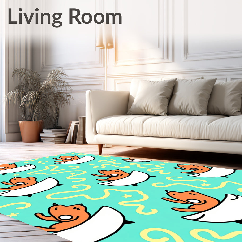 Cute Orange Cat Bathing Teal Rug
