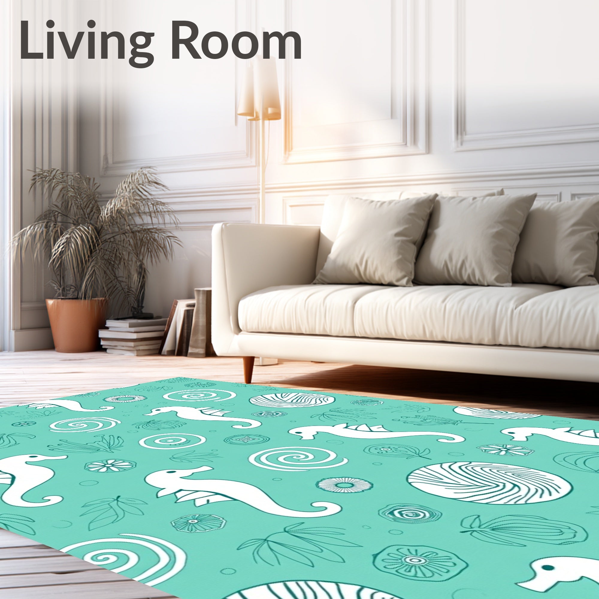 Aqua Seahorse Swirl Foliage Medallions Rug