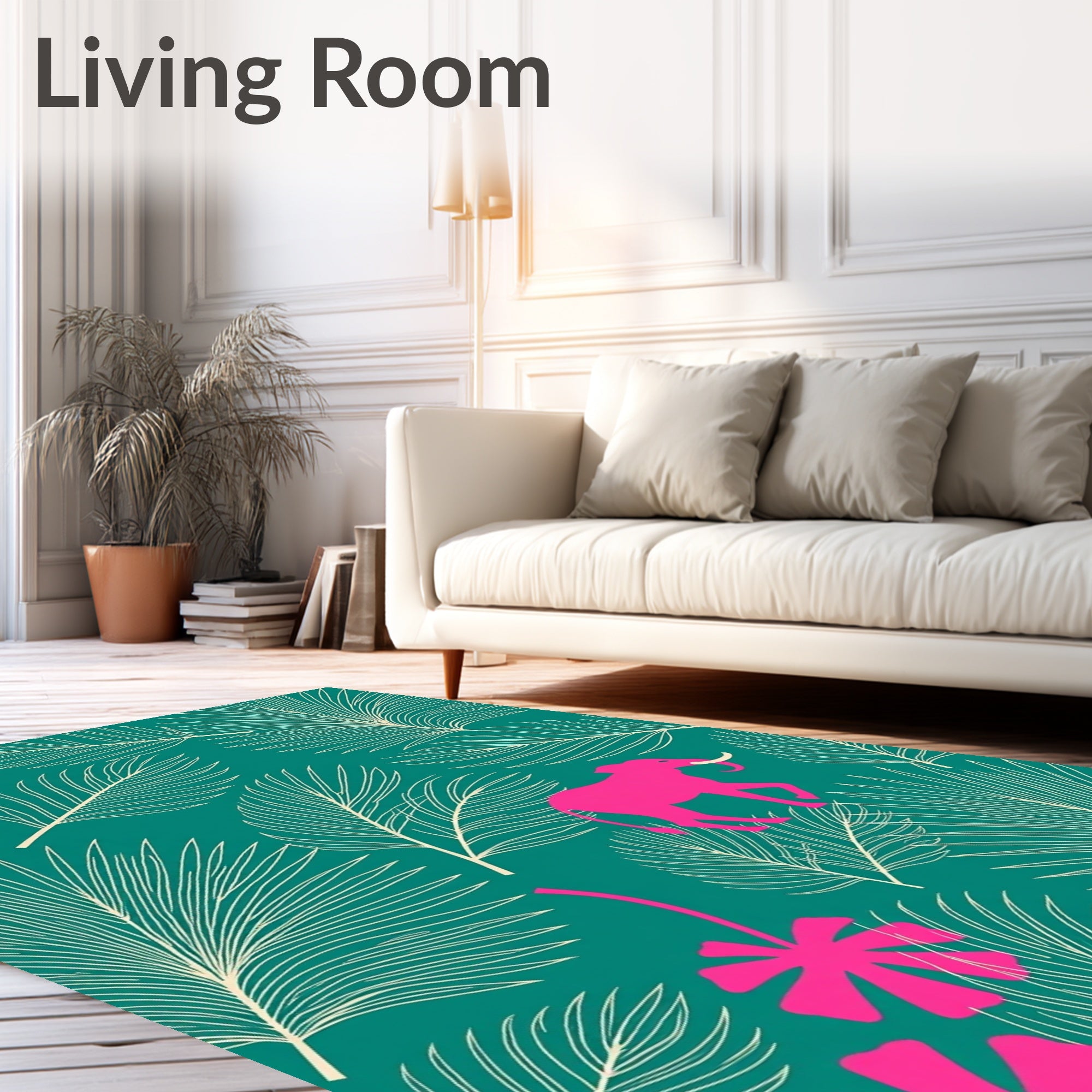 Bright Pink Elephant Jungle Leaf Rug