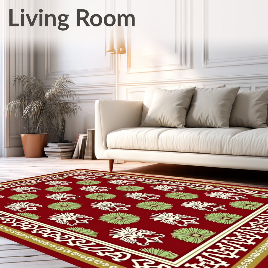 Crimson Cream Green Floral Border Rug
