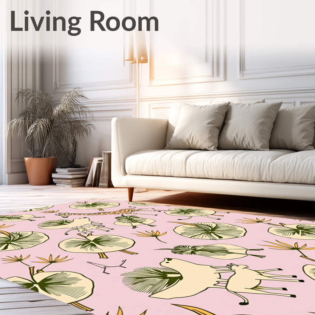 Whimsical Giraffe and Plants Pink Rug
