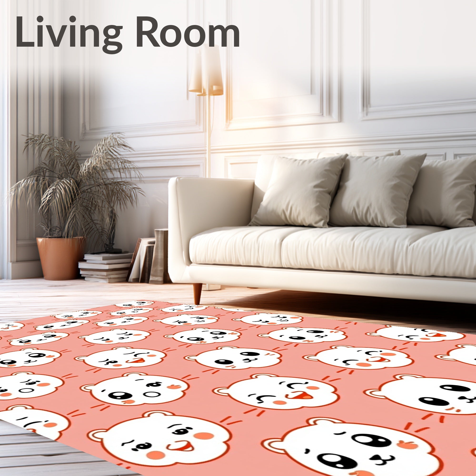 Cute White Bear Faces Coral Background Rug
