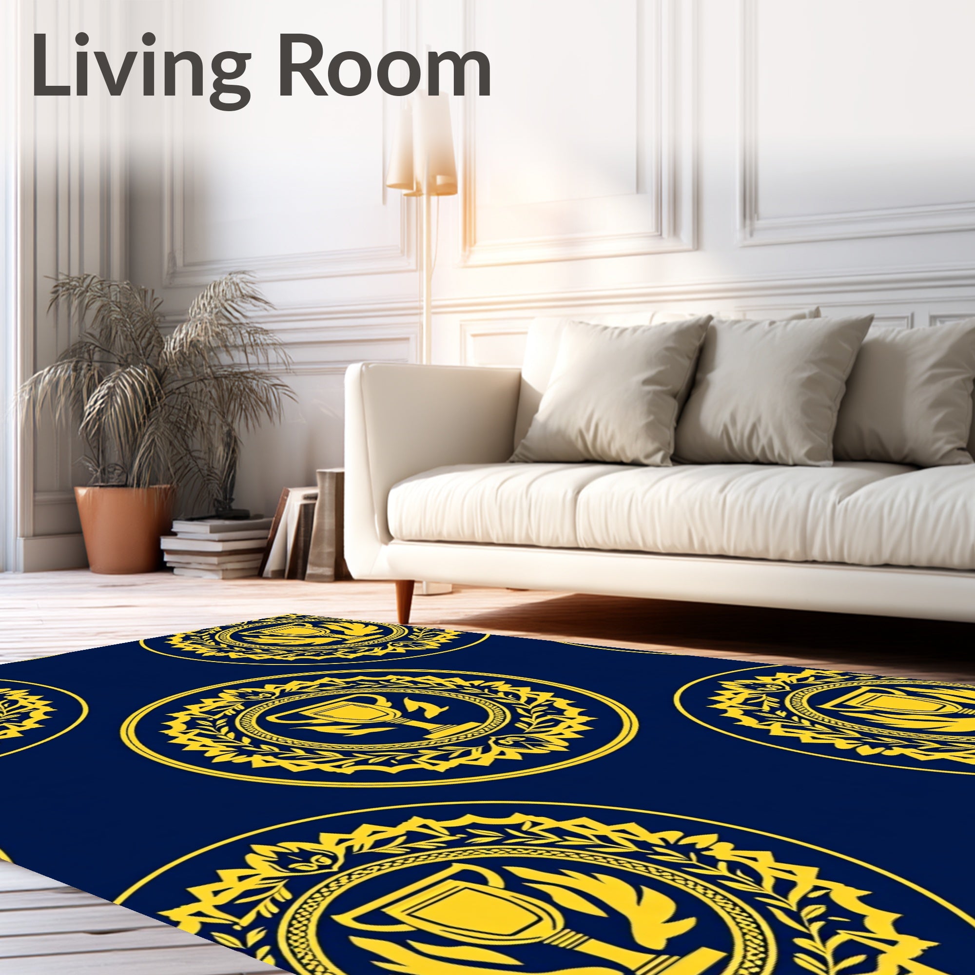 Navy Gold Trophy Laurel Wreath Medallion Rug