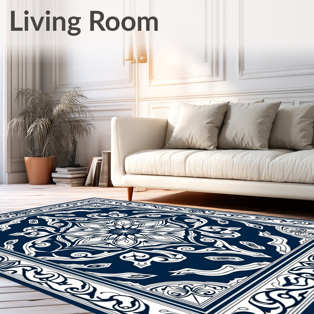 Deep Blue Ornate Floral Medallion Rug