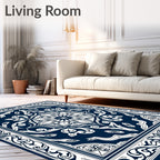 Deep Blue Ornate Floral Medallion Rug