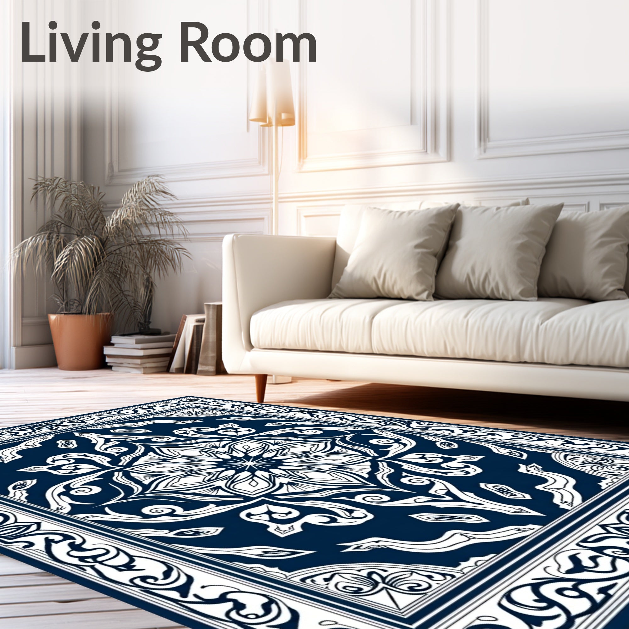 Deep Blue Ornate Floral Medallion Rug