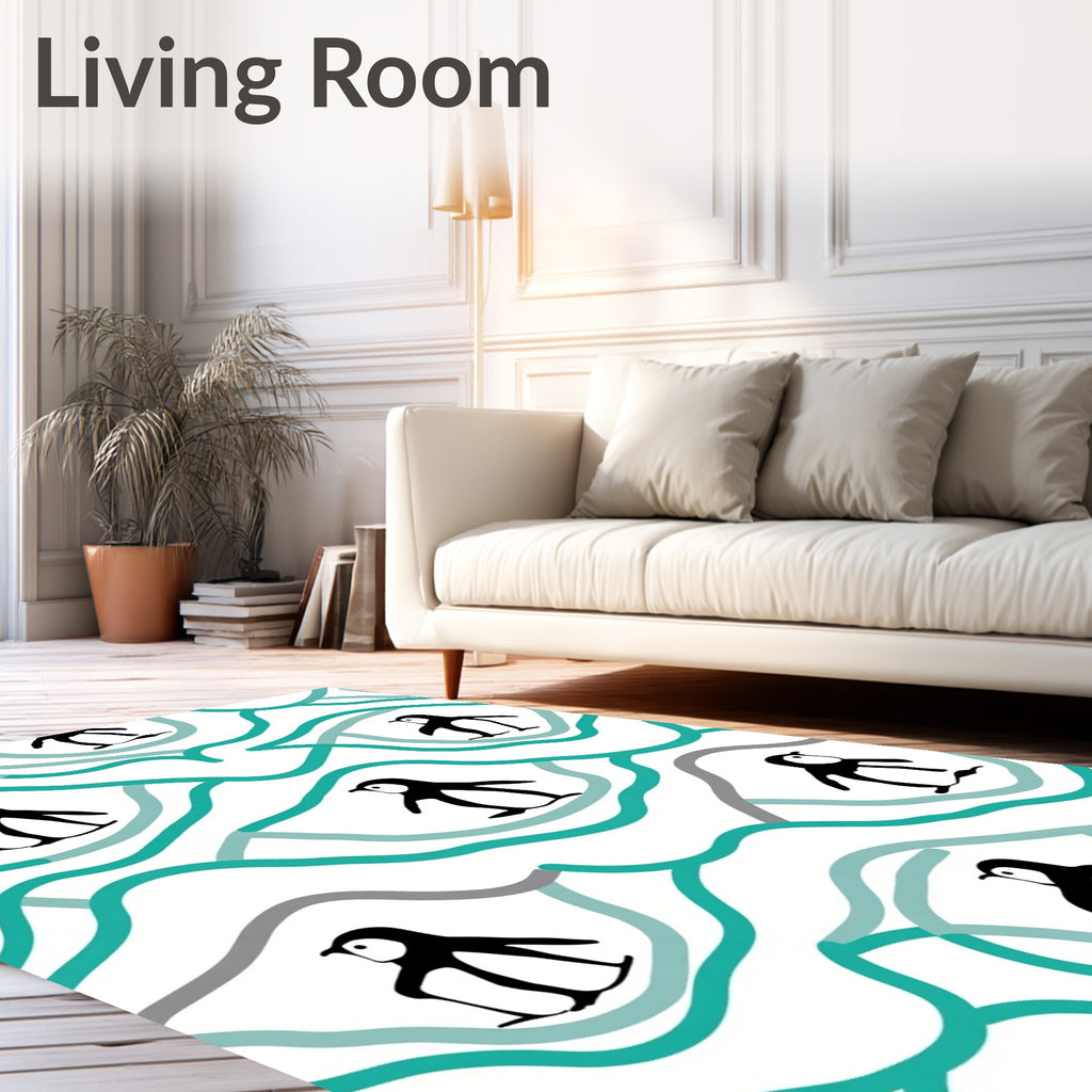 Wavy Teal Penguin Scene Rug