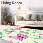 Pink Butterflies Green Leaves Foliage Rug