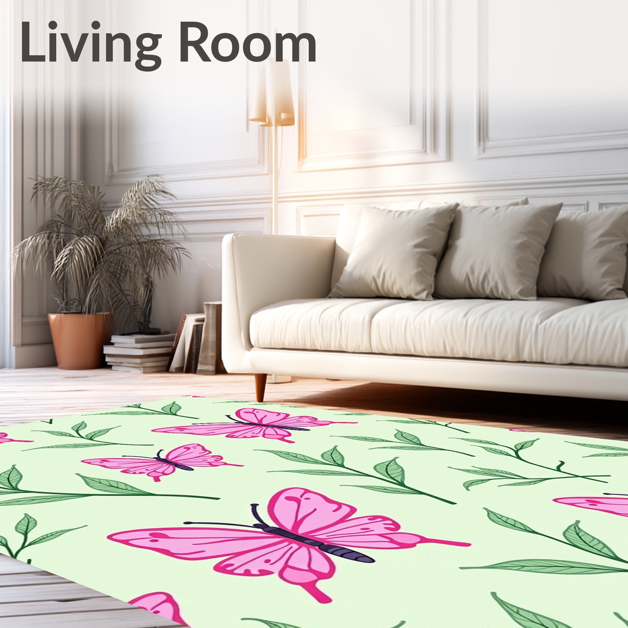 Pink Butterflies Green Leaves Foliage Rug