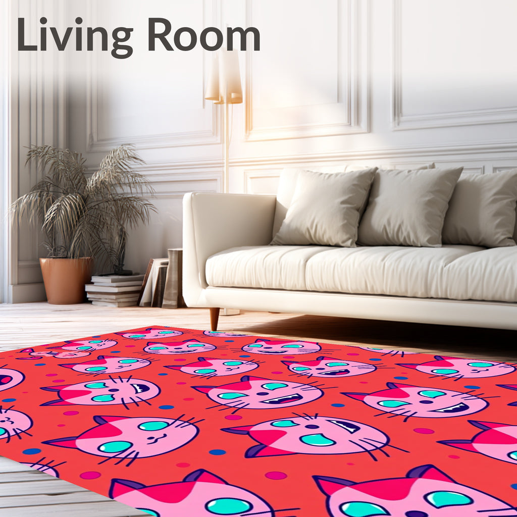 Cute Pink Cat Heads Polka Dot Background Rug