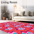 Cute Pink Cat Heads Polka Dot Background Rug