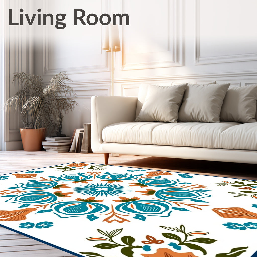 Teal Orange Floral Medallion Art Rug