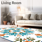Teal Orange Floral Medallion Art Rug
