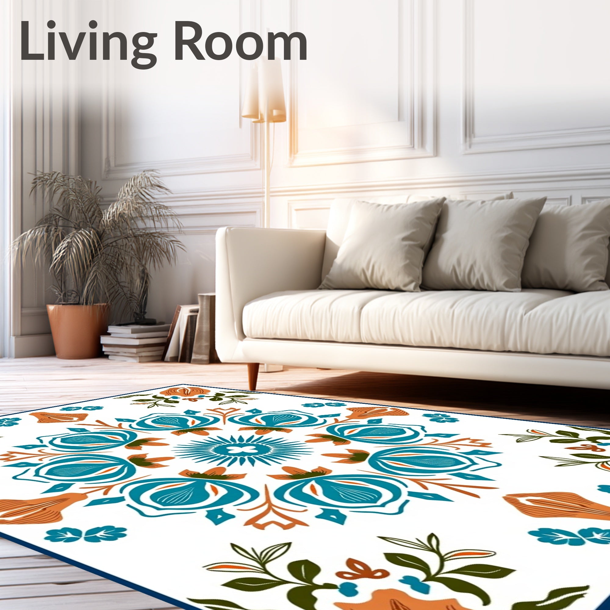 Teal Orange Floral Medallion Art Rug