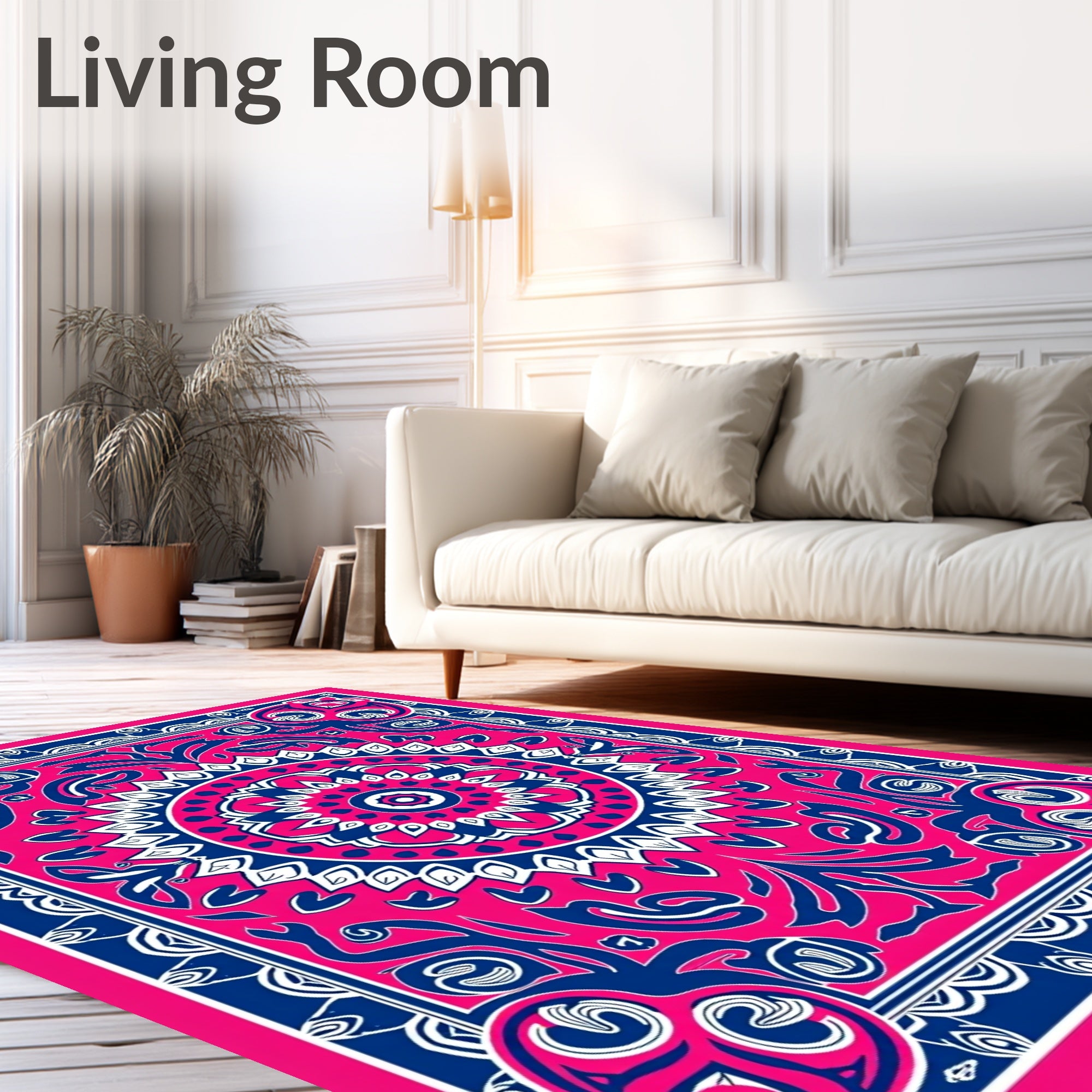Vibrant Pink Blue Medallion Border Rug