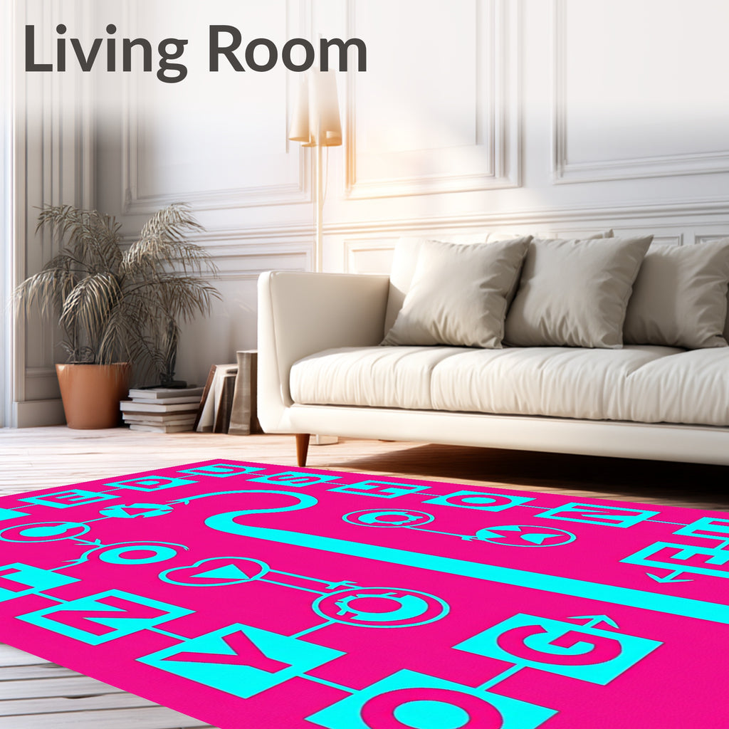 Bright Pink Cyan Abstract Geometric Text Rug