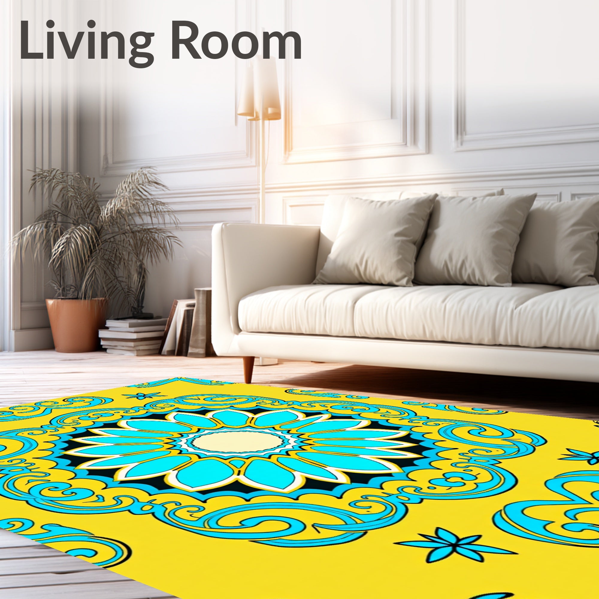 Vibrant Yellow Teal Floral Medallion Rug