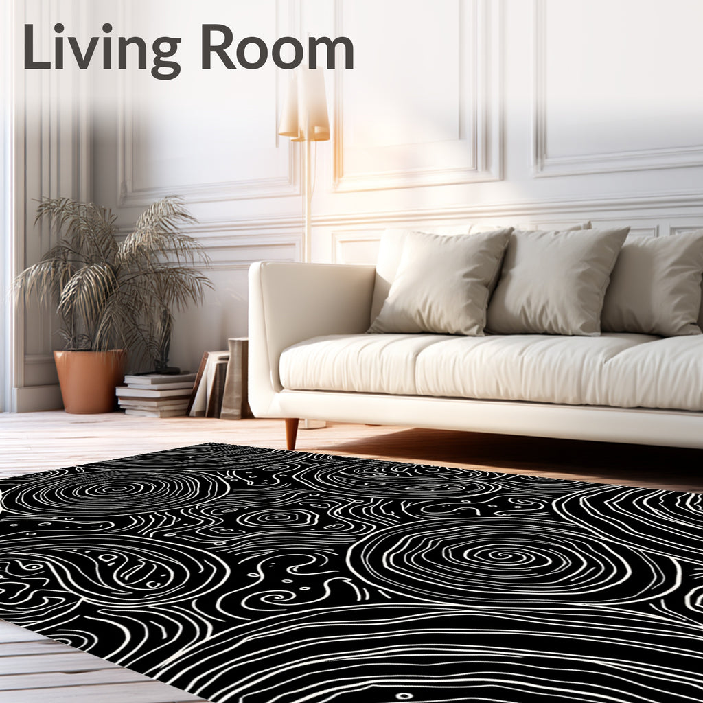 Abstract Black White Organic Swirl Rug