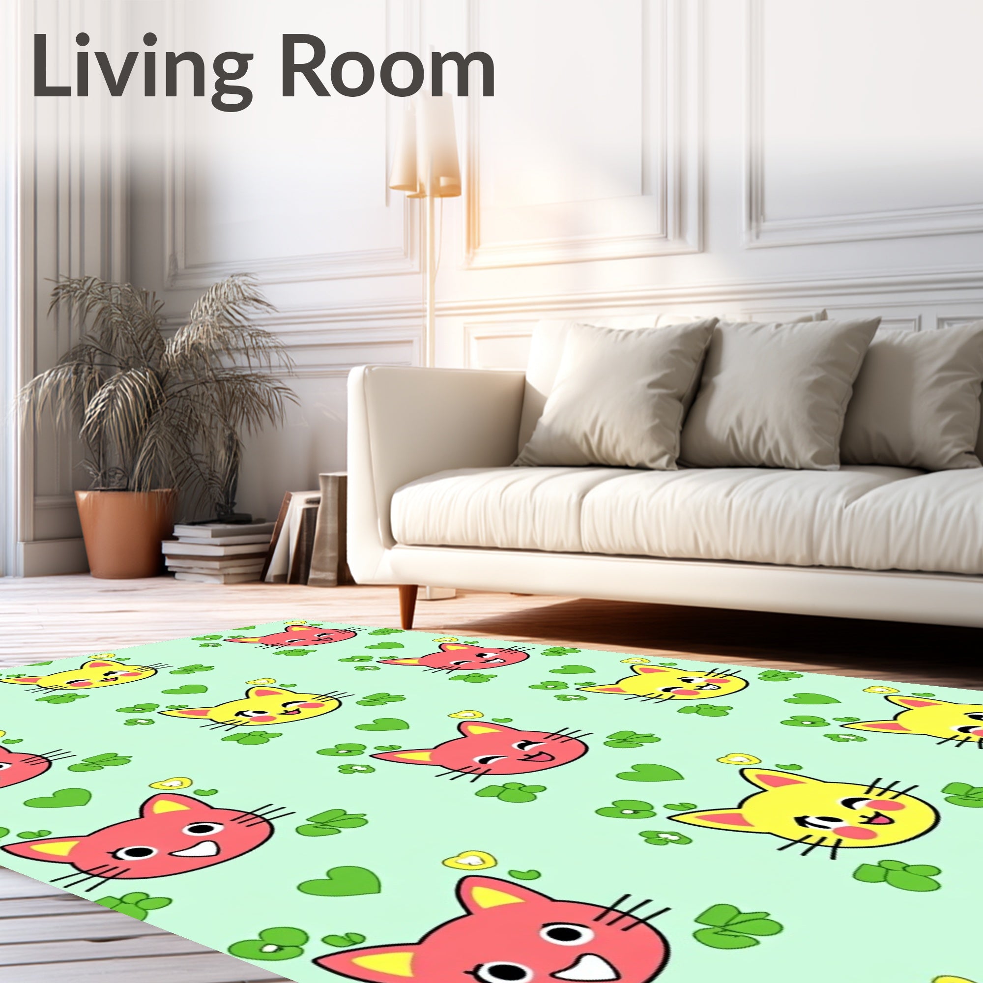 Happy Pink Yellow Cat Hearts Clover Rug