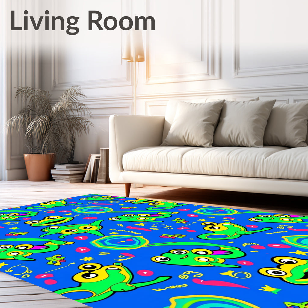 Playful Green Frogs Scattered Blue Background Rug