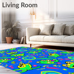Playful Green Frogs Scattered Blue Background Rug
