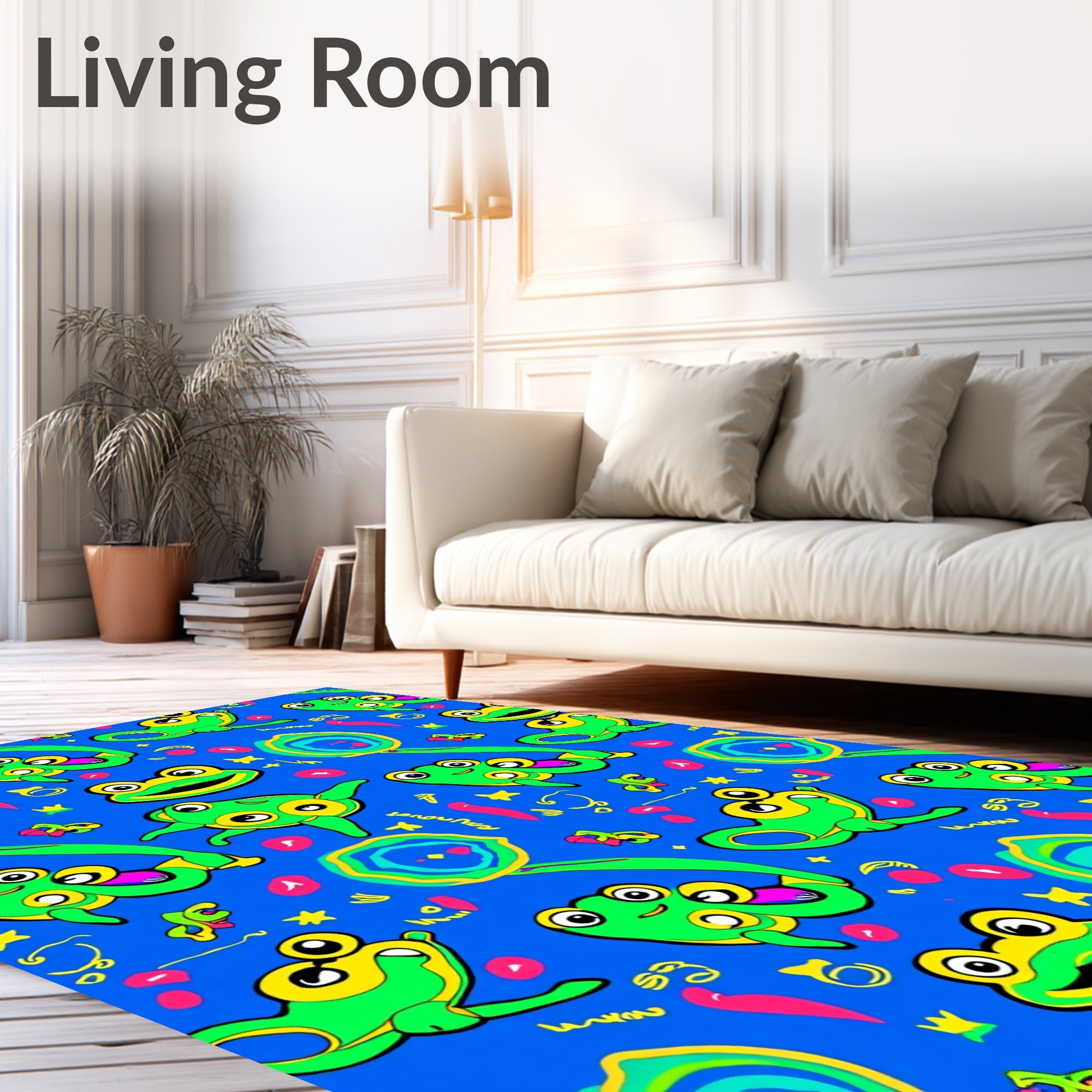 Playful Green Frogs Scattered Blue Background Rug