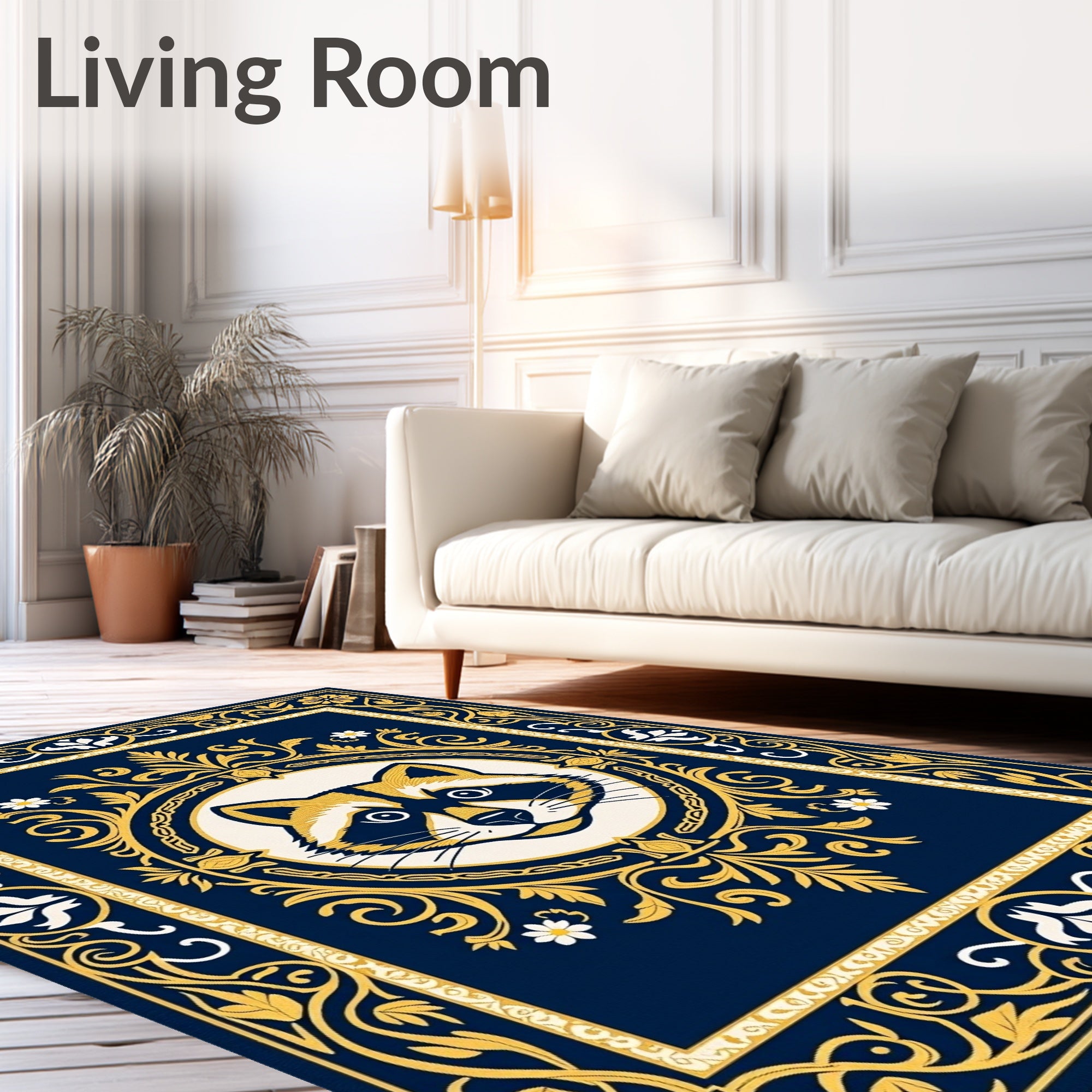 Ornate Navy Blue Raccoon Frame Rug