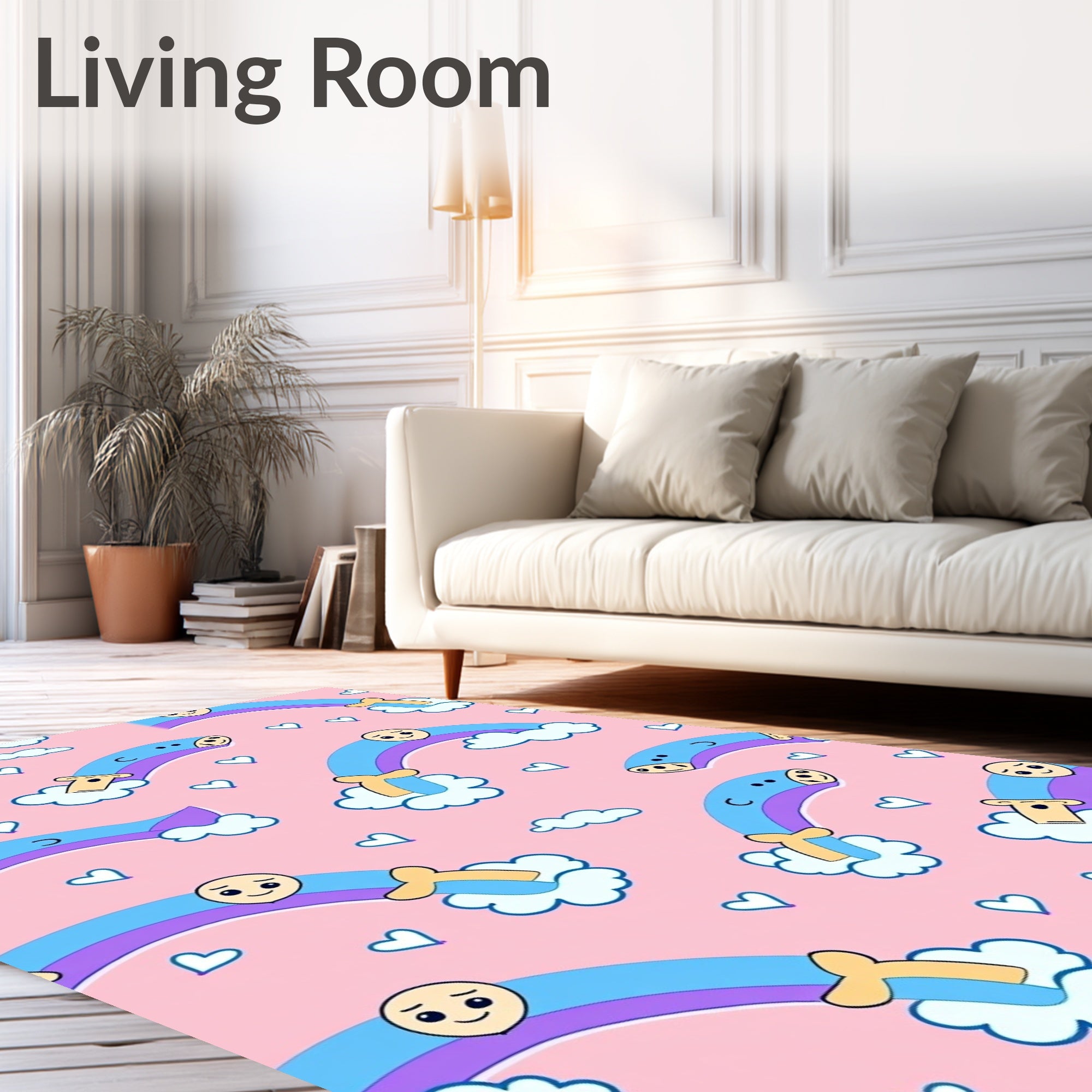 Playful Pink Rainbow Cloud Hearts Rug