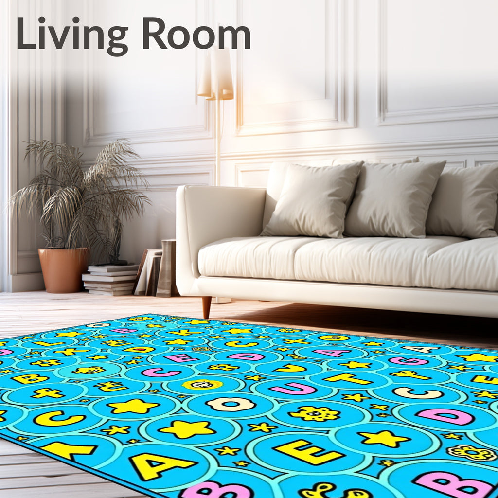 Whimsical Alphabet Circles Yellow Stars Rug