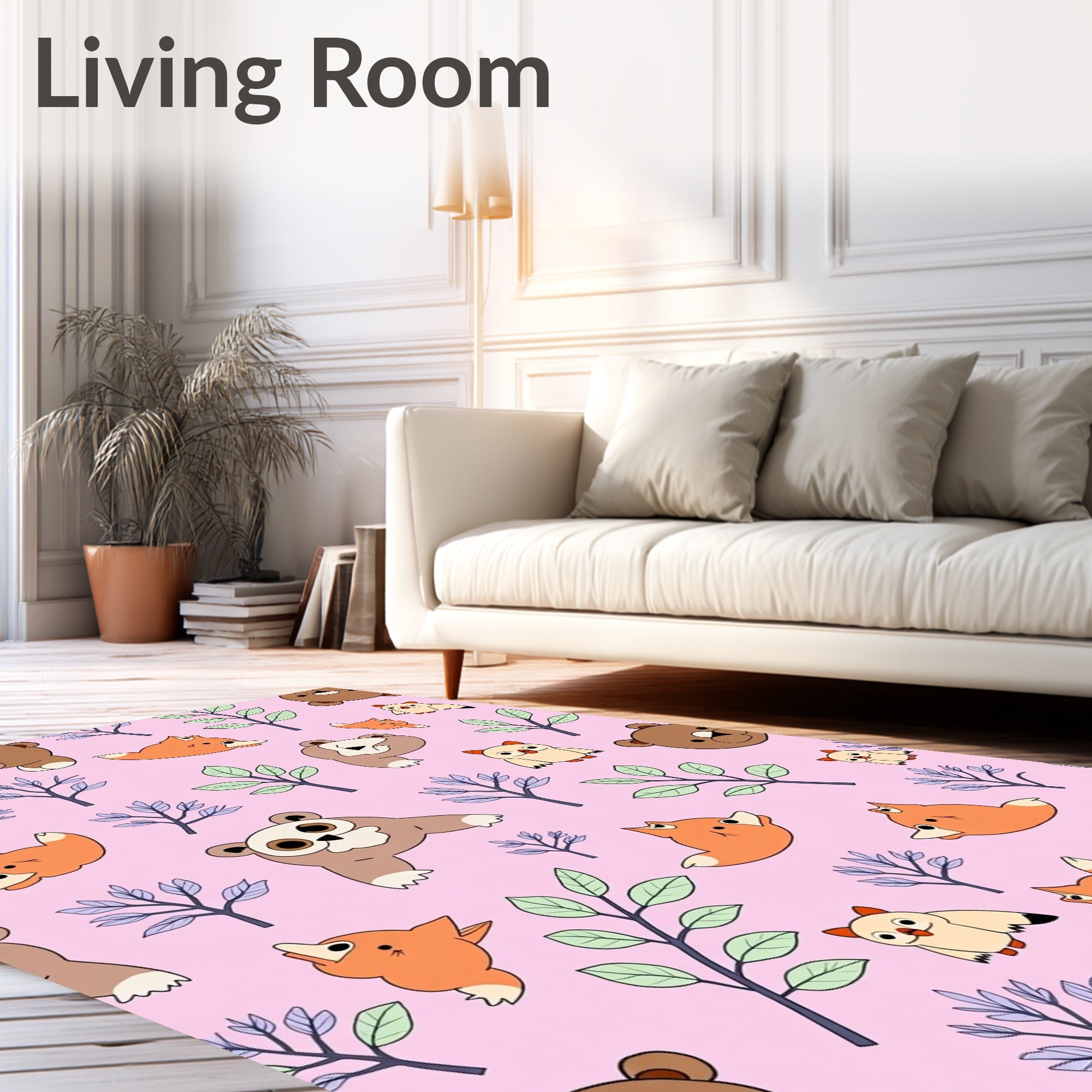 Sweet Forest Creatures Whimsical Bear Owl Fox Rug