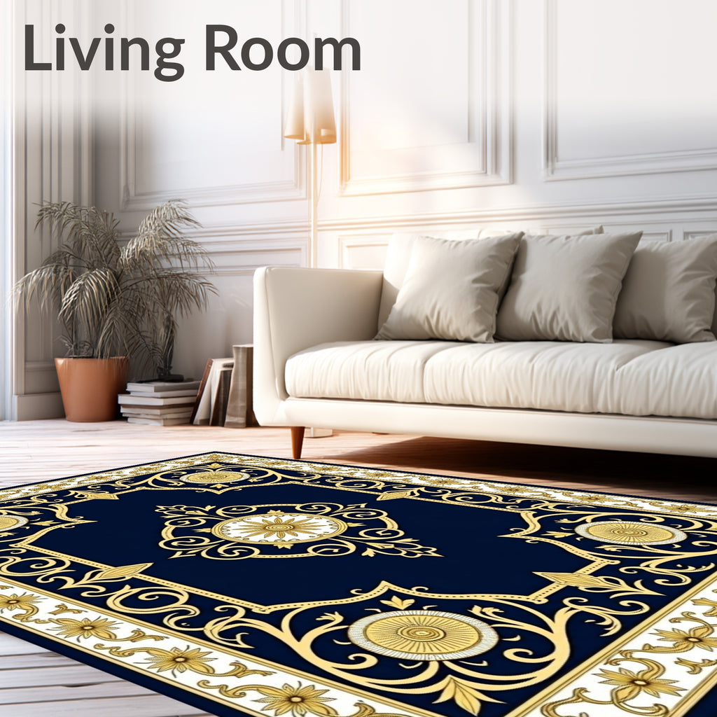 Regal Navy Gold Gilded Floral Medallion Rug