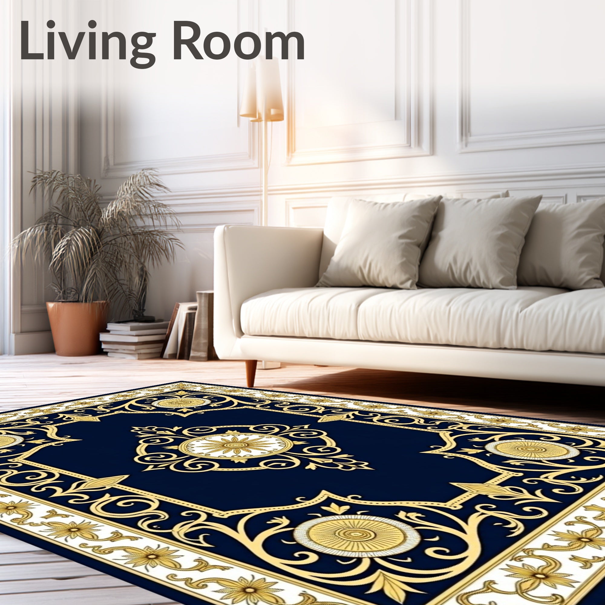 Regal Navy Gold Gilded Floral Medallion Rug