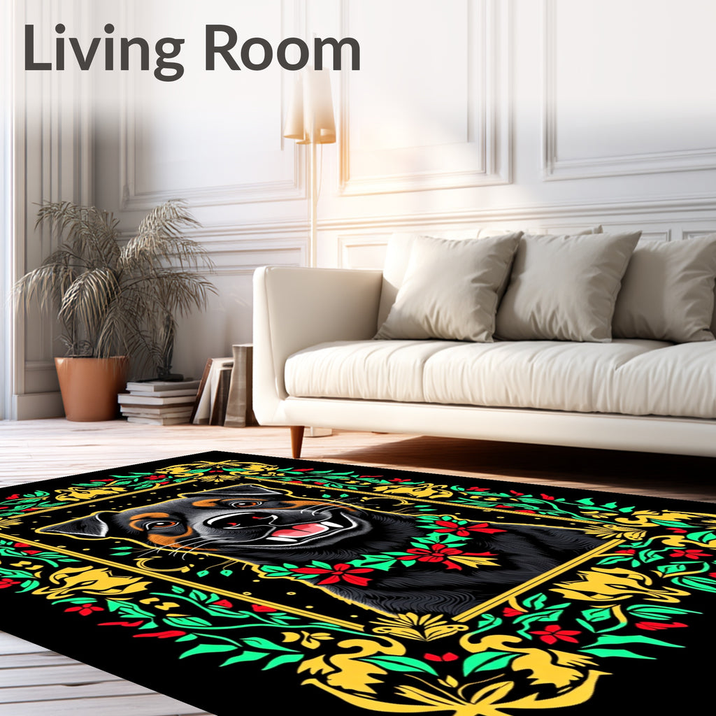 Joyful Black Dog Floral Wreath Accent Rug