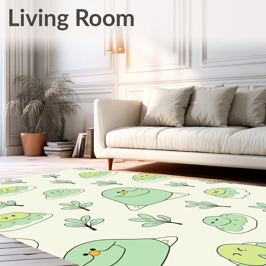 Cute Green Bird and Leaf Pattern Rug