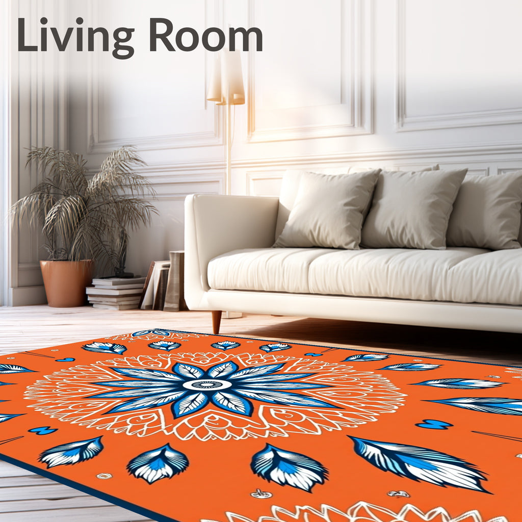 Vibrant Orange Blue Feather Mandala Rug